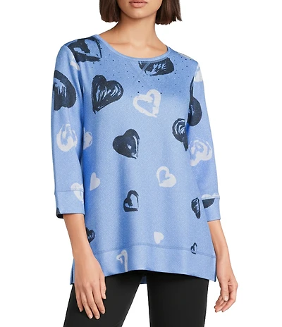 Allison Daley Provence Blue Cascading Hearts Print 3/4 Sleeve Crew Neck Scuba Knit Top