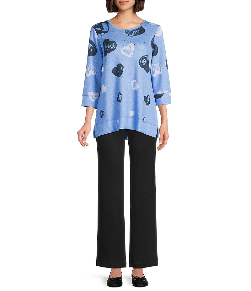 Allison Daley Provence Blue Cascading Hearts Print 3/4 Sleeve Crew Neck Scuba Knit Top