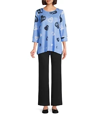 Allison Daley Provence Blue Cascading Hearts Print 3/4 Sleeve Crew Neck Scuba Knit Top