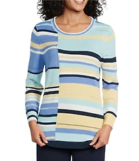 Allison Daley Provence Blue Stripe 3/4 Sleeve Crew Neck Curve Hem Sweater