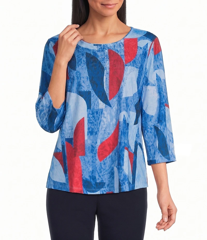 Allison Daley Retro Abstract Print 3/4 Sleeve Crew Neck Knit Top