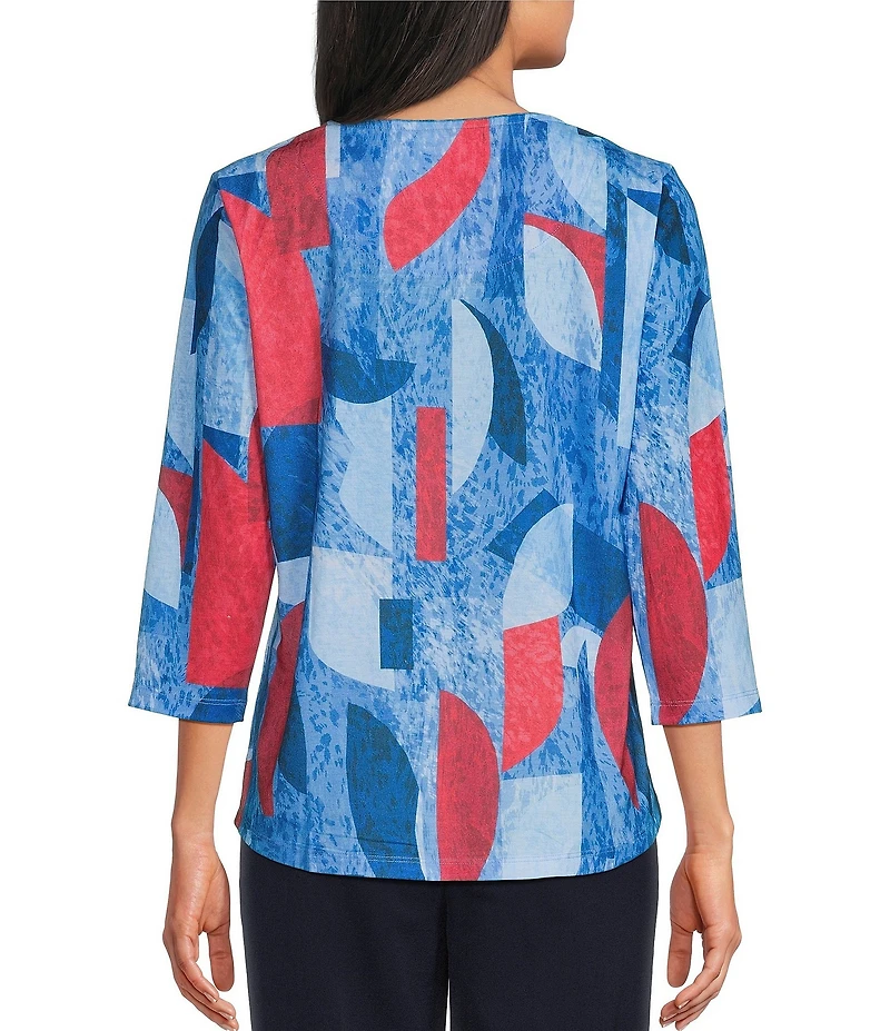 Allison Daley Retro Abstract Print 3/4 Sleeve Crew Neck Knit Top