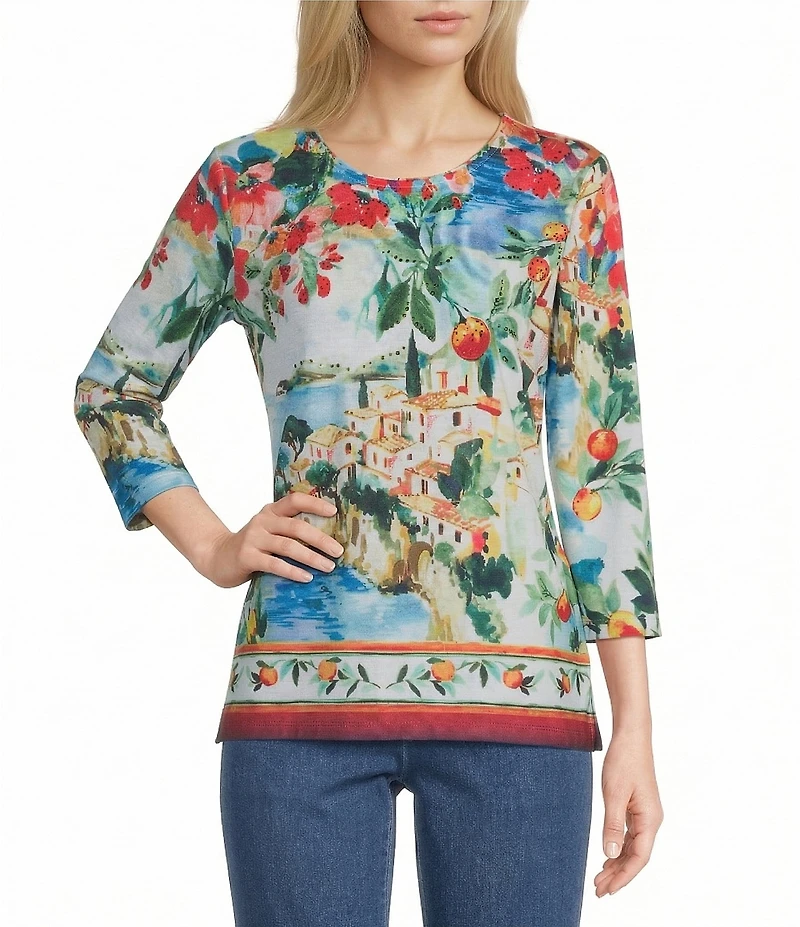 Allison Daley Riverside Border Print 3/4 Sleeve Crew Neck Knit Top