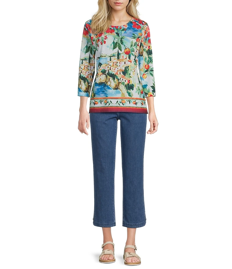 Allison Daley Riverside Border Print 3/4 Sleeve Crew Neck Knit Top