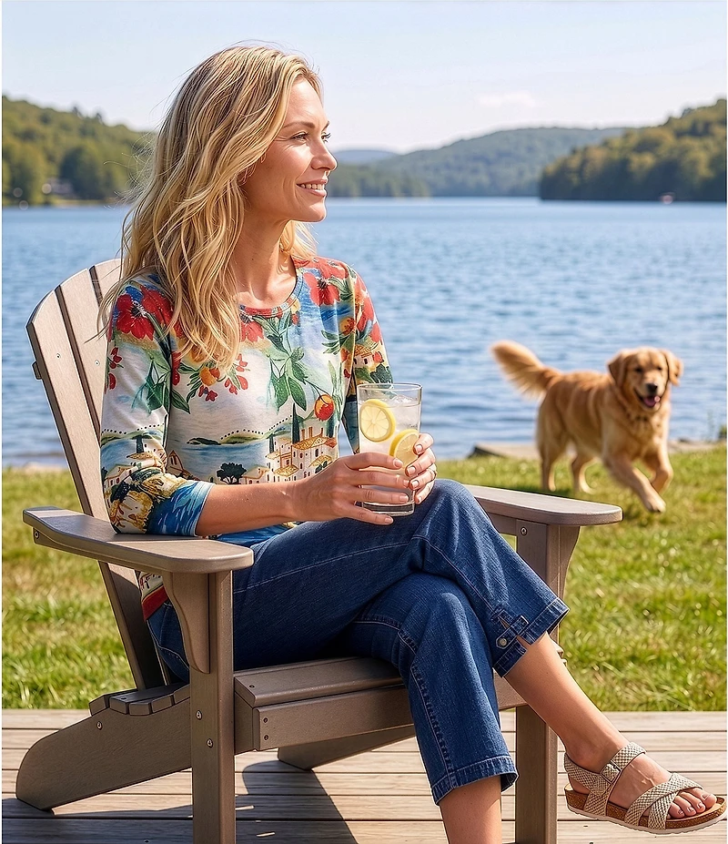Allison Daley Riverside Border Print 3/4 Sleeve Crew Neck Knit Top