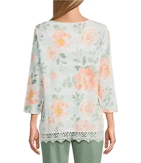 Allison Daley Roses Stripe Print 3/4 Sleeve Keyhole Neck Top