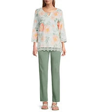 Allison Daley Roses Stripe Print 3/4 Sleeve Keyhole Neck Top