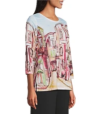 Allison Daley Embellished Rue Paris Print 3/4 Sleeve Crew Neck Knit Top