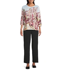 Allison Daley Embellished Rue Paris Print 3/4 Sleeve Crew Neck Knit Top