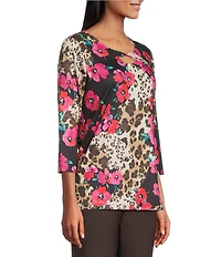 Allison Daley Safari Floral Print 3/4 Sleeve Keyhole Neck Knit Top