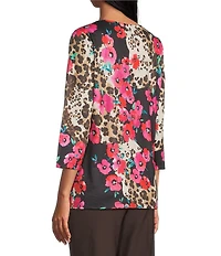 Allison Daley Safari Floral Print 3/4 Sleeve Keyhole Neck Knit Top