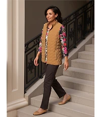 Allison Daley Safari Floral Print 3/4 Sleeve Keyhole Neck Knit Top