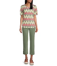Allison Daley Serrated Ikat Print Short Ruched Tie Sleeve Crew Neck Slub Jersey Knit Top