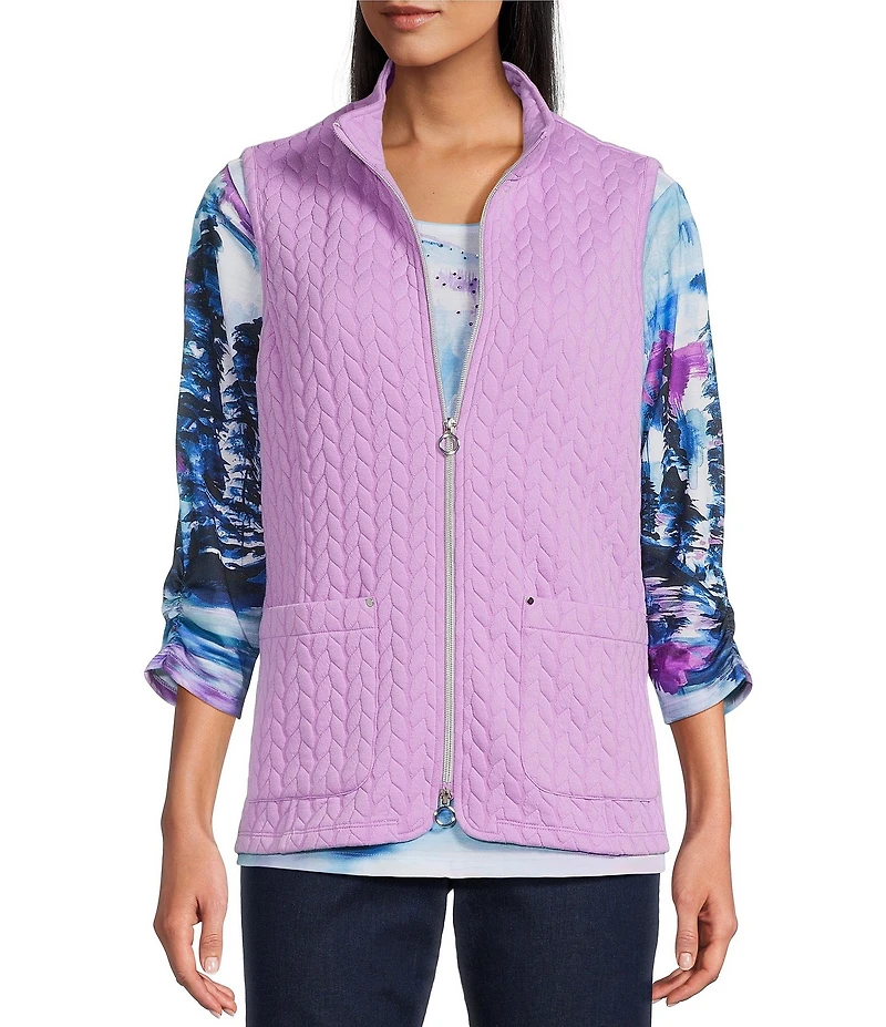 Allison Daley Sheer Lilac Sleeveless Two Way Zip Up Knit Quilted Vest