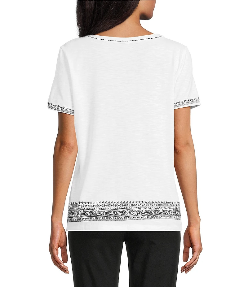 Allison Daley Short Sleeve Embroidery Detail V-Neck Top