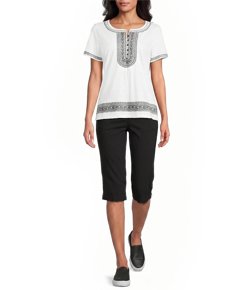 Allison Daley Short Sleeve Embroidery Detail V-Neck Top