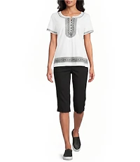 Allison Daley Short Sleeve Embroidery Detail V-Neck Top