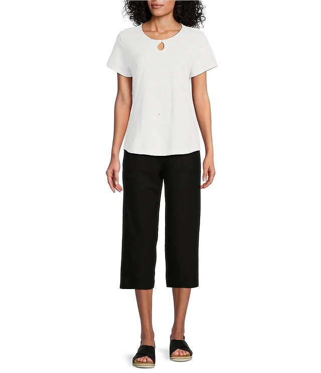 Allison Daley Batik Floral Print 3/4 Sleeve Keyhole Neck Knit Top