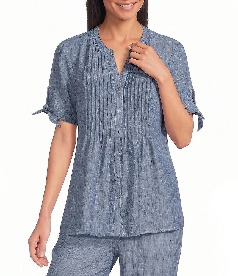 Allison Daley Short Tie Sleeve Button Front Y-Neck Top