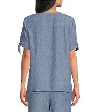 Allison Daley Short Tie Sleeve Button Front Y-Neck Top