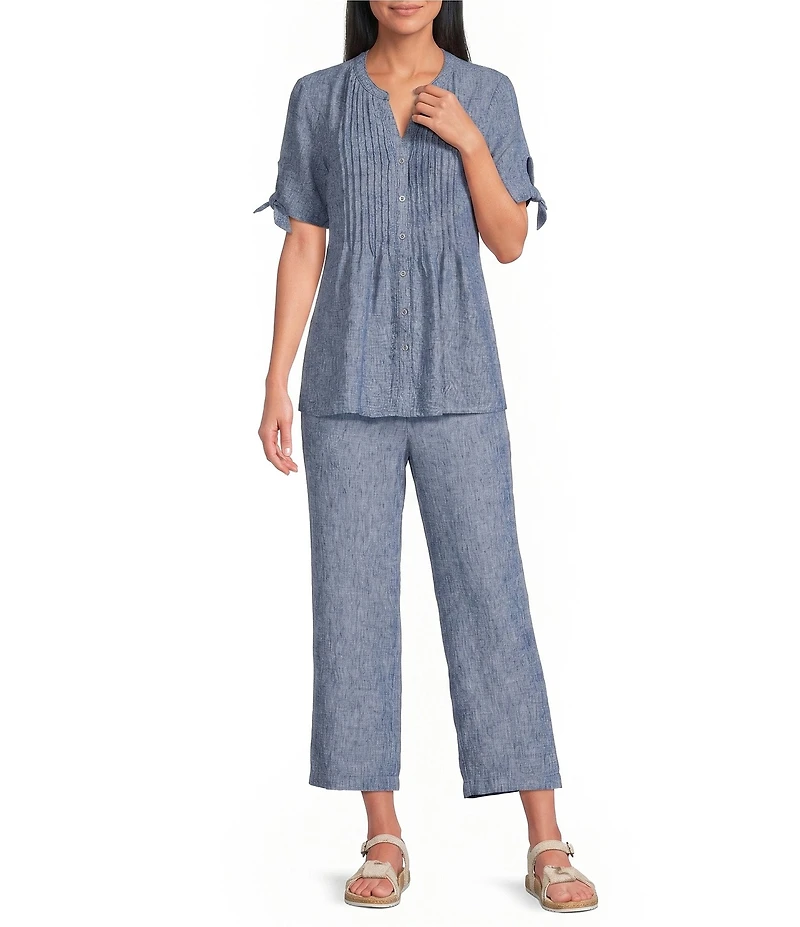 Allison Daley Short Tie Sleeve Button Front Y-Neck Top