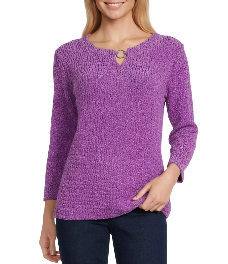 Allison Daley Metallic Chenille 3/4 Sleeve Crew Neck Knit Top