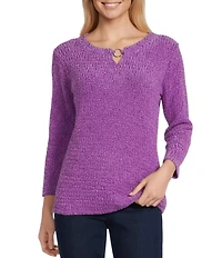 Allison Daley Metallic Chenille 3/4 Sleeve Crew Neck Knit Top