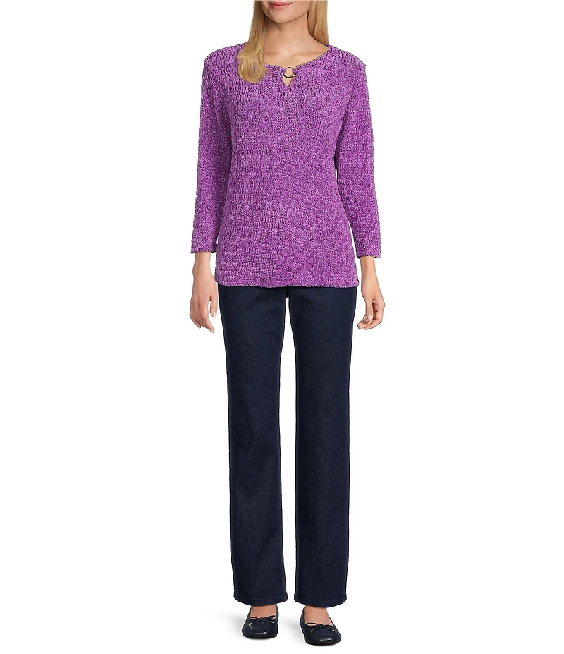 Allison Daley Metallic Chenille 3/4 Sleeve Crew Neck Knit Top