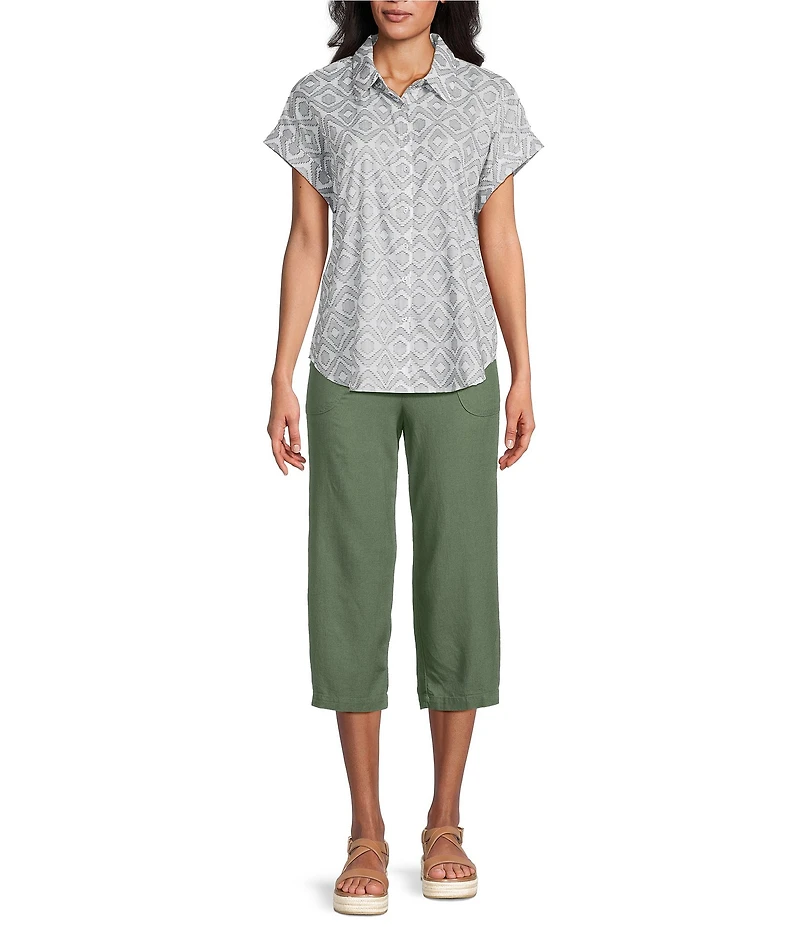 Allison Daley Spring Sage Clip Jacquard Short Sleeve Button Front Cotton Blouse