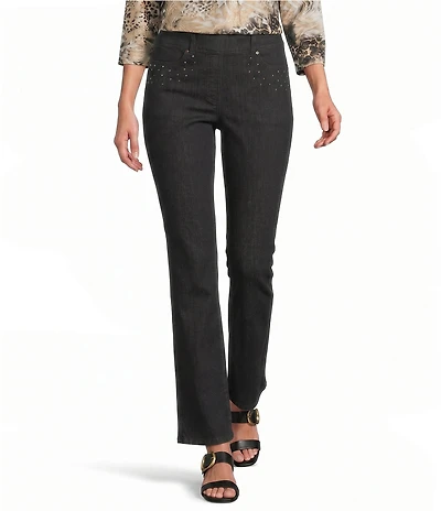 Allison Daley Straight Leg Stretch Denim Elastic Waist Pull-On Embellished Pants