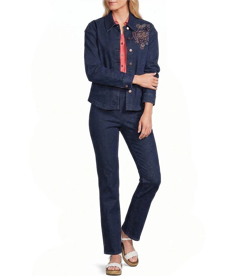 Allison Daley Straight Leg Stretch Denim Elastic Waist Pull-On Embellished Pants
