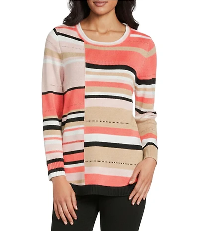 Allison Daley Stripe 3/4 Sleeve Crew Neck Curve Hem Sweater