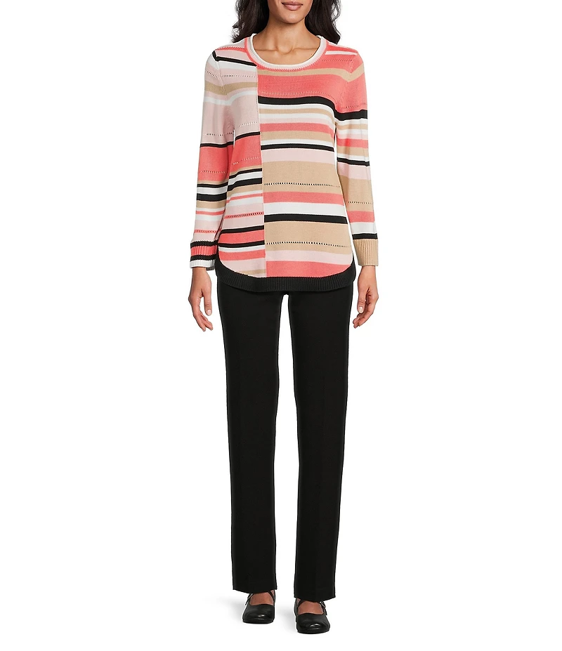 Allison Daley Stripe 3/4 Sleeve Crew Neck Curve Hem Sweater