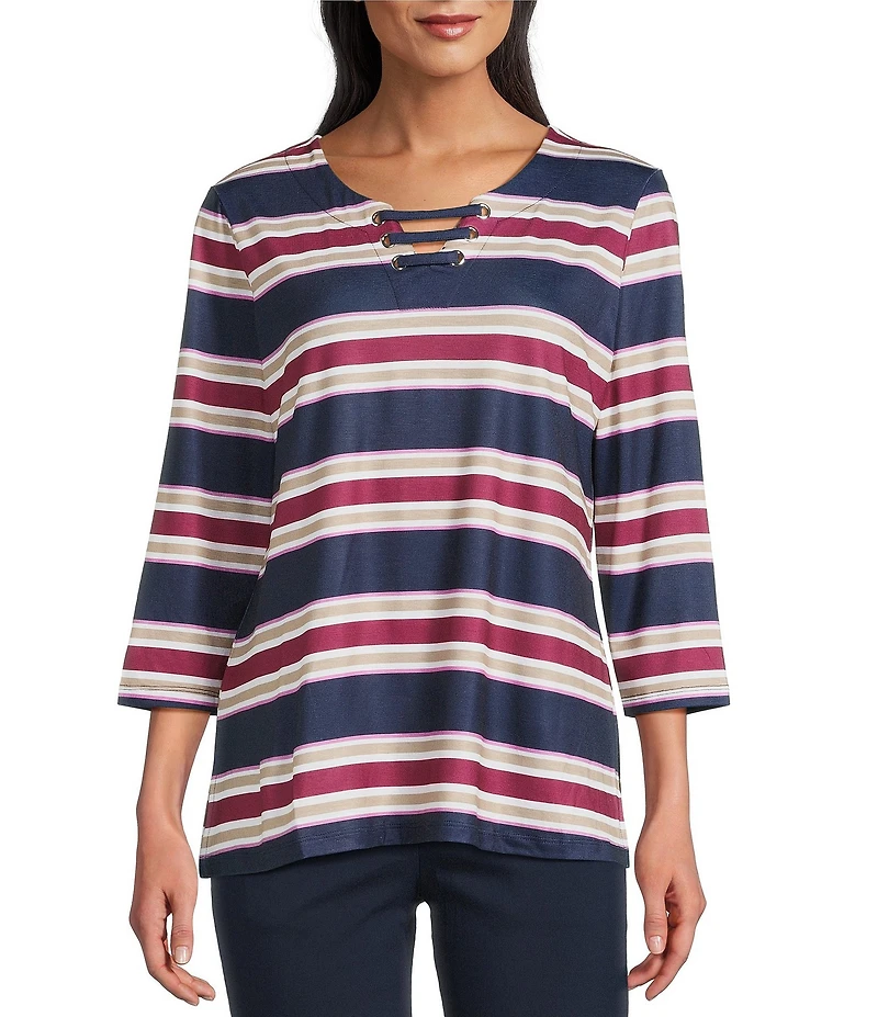 Allison Daley Stripe 3/4 Sleeve Split-V Neck Knit Top