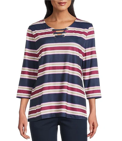 Allison Daley Stripe 3/4 Sleeve Split-V Neck Knit Top
