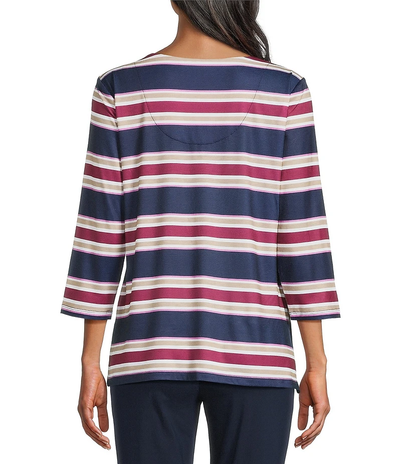 Allison Daley Stripe 3/4 Sleeve Split-V Neck Knit Top