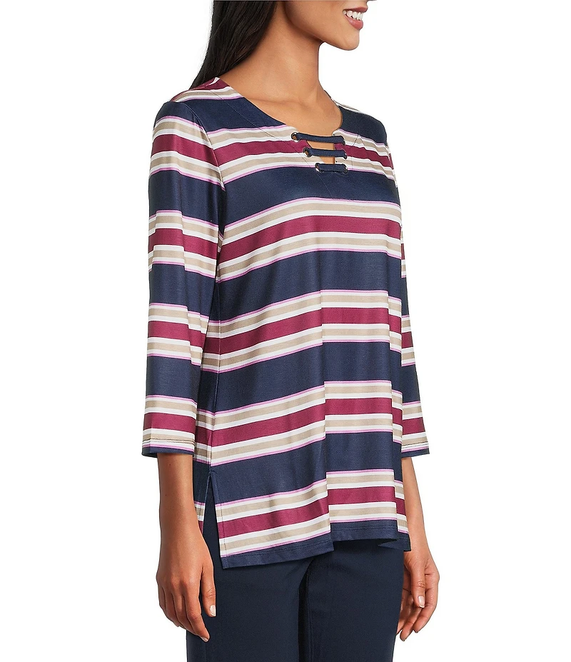Allison Daley Stripe 3/4 Sleeve Split-V Neck Knit Top