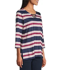 Allison Daley Stripe 3/4 Sleeve Split-V Neck Knit Top