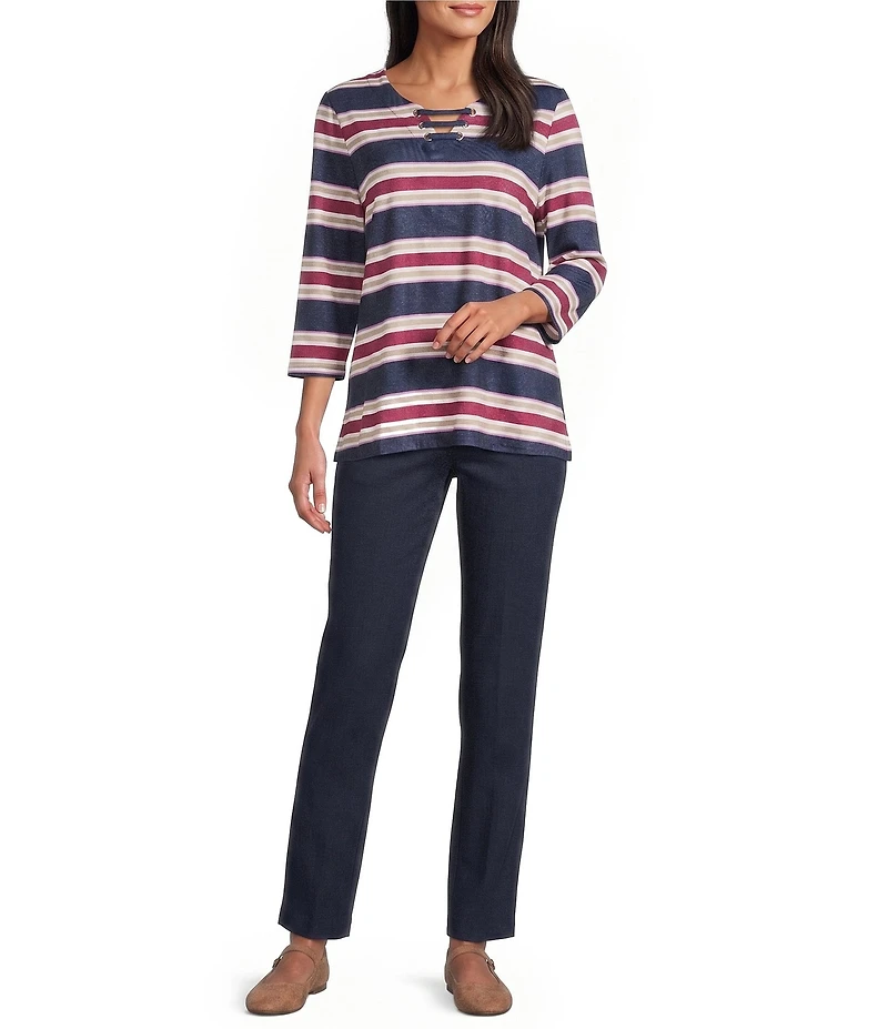 Allison Daley Stripe 3/4 Sleeve Split-V Neck Knit Top