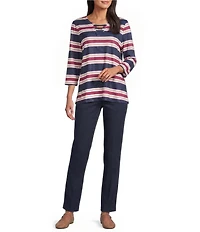 Allison Daley Stripe 3/4 Sleeve Split-V Neck Knit Top