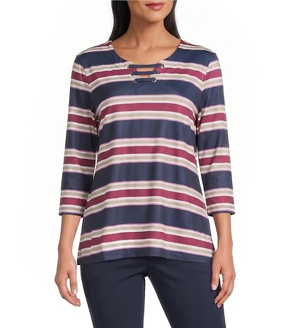 Allison Daley Stripe 3/4 Sleeve Split-V Neck Knit Top