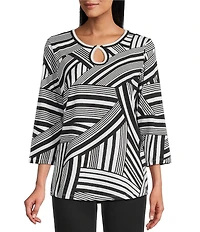 Allison Daley Stripe Waves Print 3/4 Sleeve Keyhole Neck Knit Top