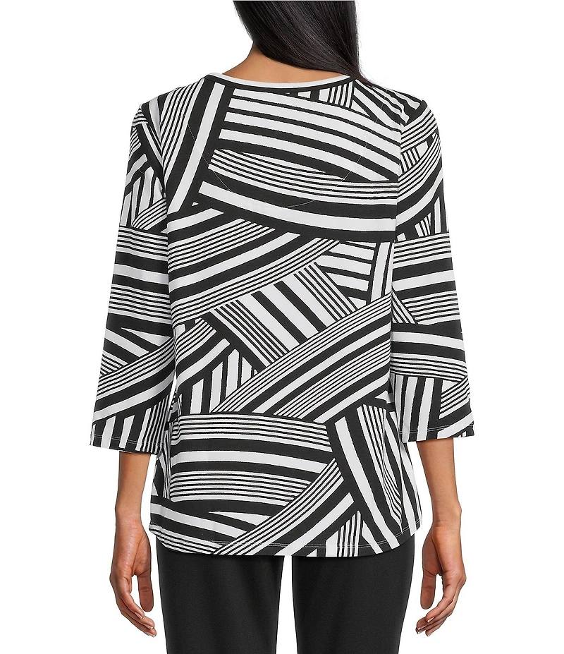 Allison Daley Stripe Waves Print 3/4 Sleeve Keyhole Neck Knit Top