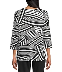 Allison Daley Stripe Waves Print 3/4 Sleeve Keyhole Neck Knit Top
