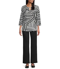 Allison Daley Stripe Waves Print 3/4 Sleeve Keyhole Neck Knit Top