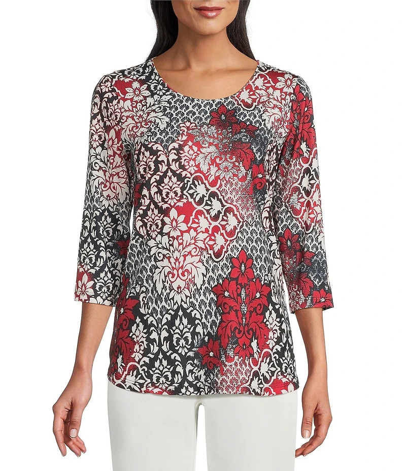 Allison Daley Tango Red Embellished 3/4 Sleeve Crew Neck Knit Top