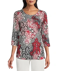Allison Daley Tango Red Embellished 3/4 Sleeve Crew Neck Knit Top