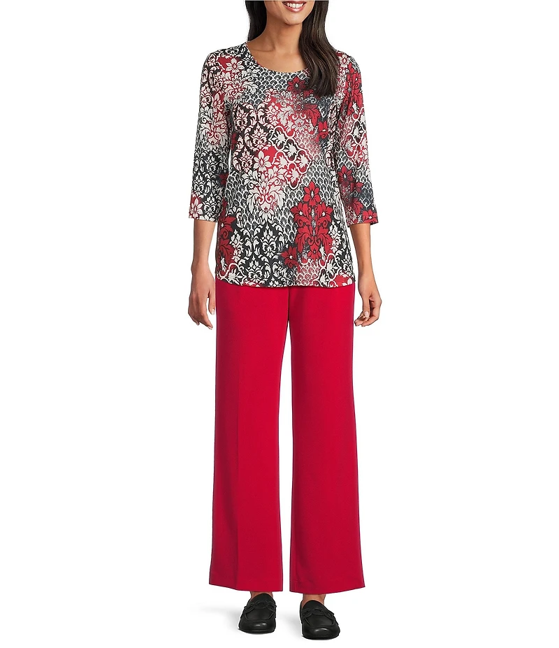 Allison Daley Tango Red Embellished 3/4 Sleeve Crew Neck Knit Top