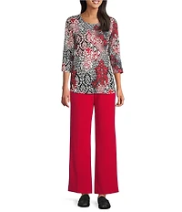 Allison Daley Tango Red Embellished 3/4 Sleeve Crew Neck Knit Top