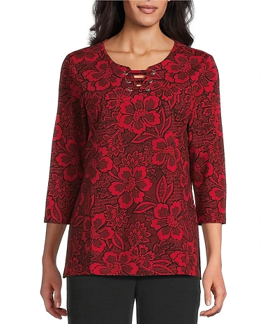 Allison Daley Tango Red Floral Print 3/4 Sleeve Split-V Neck Knit Top